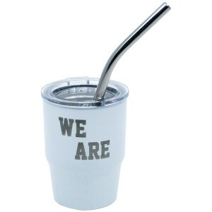 white mini tumbler with lid, straw, and etched We Are